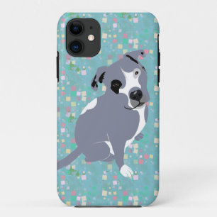 Kute Grey Pitbull Puppy op Squares Pattern iPhone 11 Hoesje