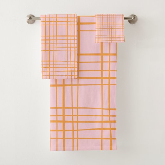 Kute Grid Lines Patroonroze en Oranje Bad Handdoek (Insitu)