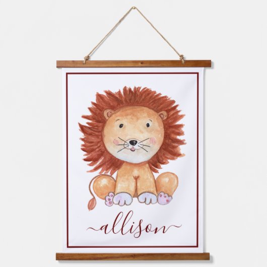 Kute hand-getrokken leeuw gepersonaliseerd kind hangend wandkleed (Voorkant)