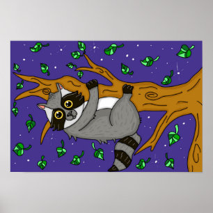 Kute handgetekende Raccoon Hangen vanaf boomtak Poster