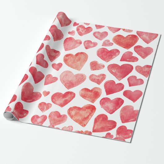 Kute handgetekende Waterverf Red Hearts Cadeaupapier (Uitgerold)