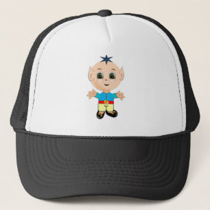 Kute happy baby elf in blauwe en gele kleren trucker pet
