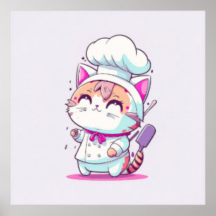 Kute Happy Baker Pastry Chef Cat Kitten   Poster