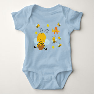 Kute Happy Bumble Bee met Flowers Blue Romper