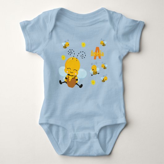 Kute Happy Bumble Bee met Flowers Blue Romper (Voorkant)