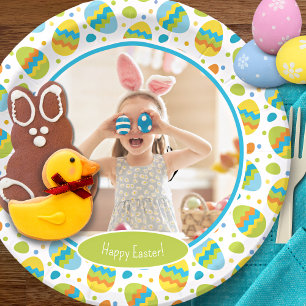Kute Happy Easter Egg Pattern met Foto Party Papieren Bordje