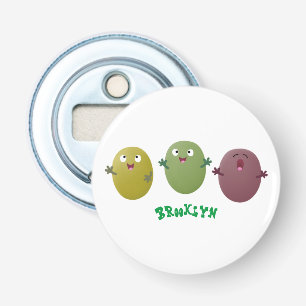 Kute happy olives die cartoon zingen button flesopener