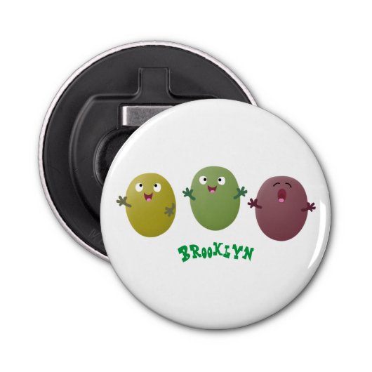 Kute happy olives die cartoon zingen button flesopener (Voorkant)