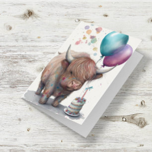 Kute Highland Koe Waterverf Birthday-ballonnen Kaart