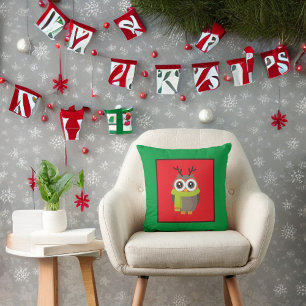 Kute Holiday Owl op rood en groen Kussen