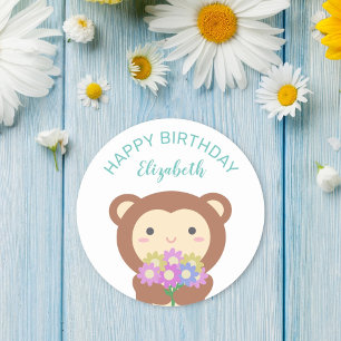 Kute Kawaii-aap met bloemen gelukkige verjaardag Ronde Sticker