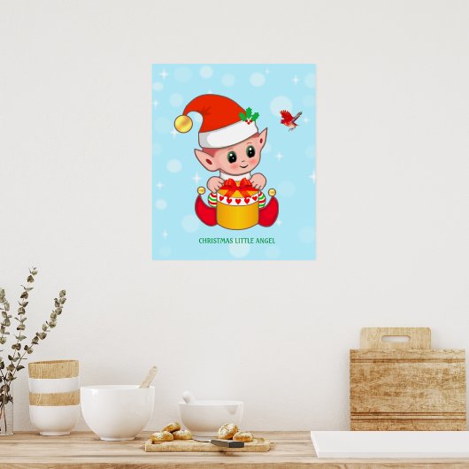 Kute kerst, kleine elf en rode vogel poster (Keuken)