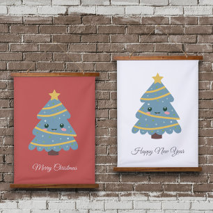 Kute kerstboom met schuinige tapijten hangend wandkleed