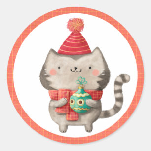 Kute kerstkat-stickers ronde sticker