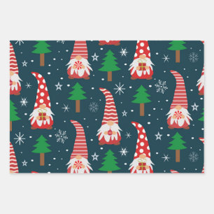 Kute kerstknoma's met bomen en sneeuwvlokken inpakpapier vel