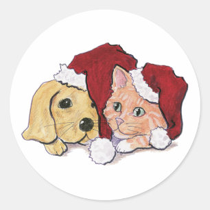 Kute kerstlabrador Puppy and Oranje Tabby Ronde Sticker