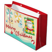 Kute kerstman op het strand groot cadeauzakje (Voorkant Gekanteld)