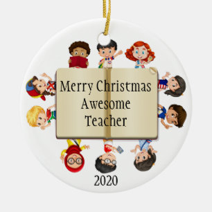 Kute Kerstmis Kinder Cartoon op Boek voor leraren Keramisch Ornament