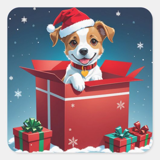 Kute kerstpuppy vierkante sticker (Voorkant)