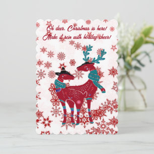 Kute kerstrenrendieren Couple Red Snowflake White Feestdagenkaart
