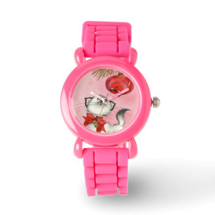 Kute kerstretro Kitty Cat Tree Pink Glitter Horloge