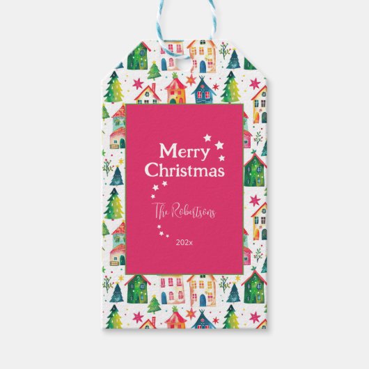 Kute kerstwoningen cadeaulabel (Voorkant)