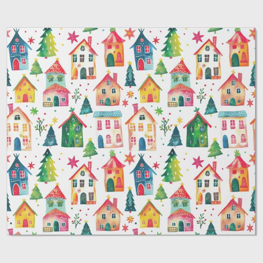 Kute kerstwoningen cadeaupapier (Vlak)