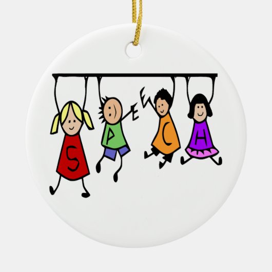 Kute Kinder Cartoon Holding Speech Words Keramisch Ornament (Voorkant)