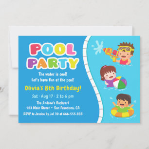 Kute Kinder Pool Party Fun Birthday Uitnodigingen