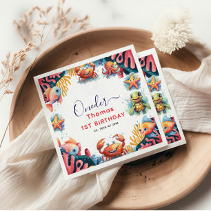 Kute Kinder Waterverf bij het Zee 1e verjaardag Servet