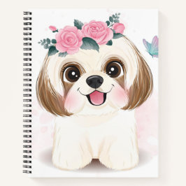 Kute kleine shih tzu met florale illustratie notitieboek