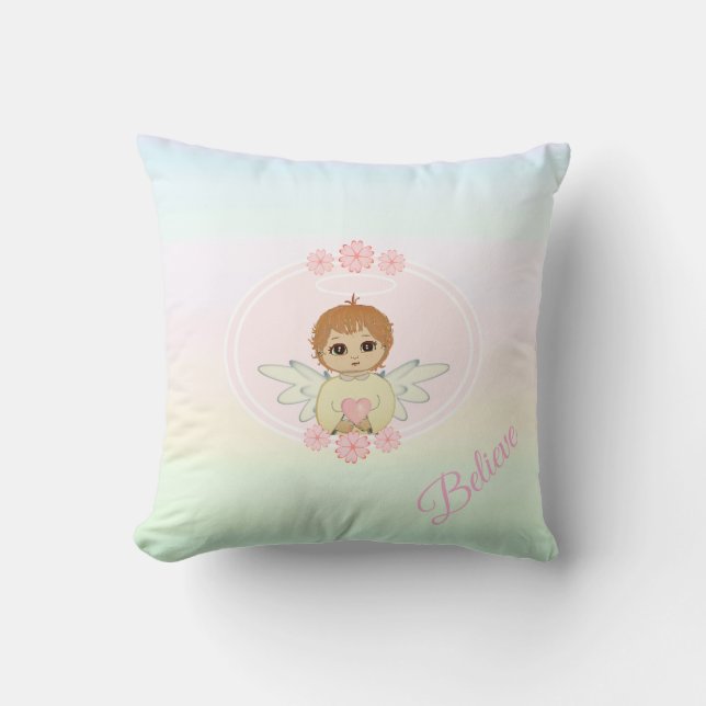 Kute Little Angel & Heart Flowers op pastelijns Kussen (Voorkant)