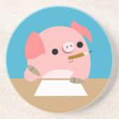 Kute Little Cartoon Pig "Writer's Block" Onderzett Zandsteen Onderzetter (Voorkant)