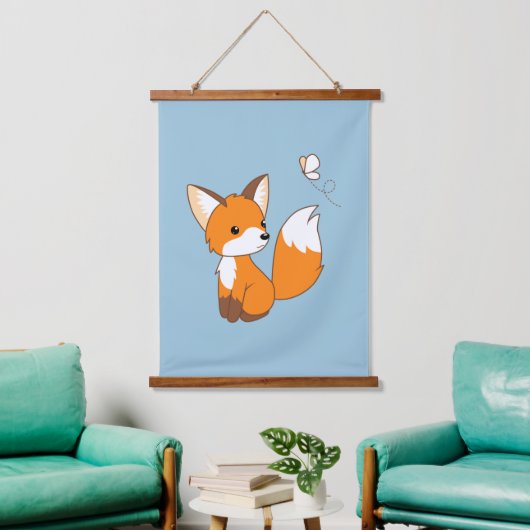 Kute Little Fox Watterfly Blue Hangend Wandkleed (Woonkamer)