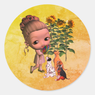 Kute Little Girl en Puppies Ronde Sticker