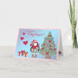 Kute Little Girl met cadeaus en kerstboom Feestdagen Kaart