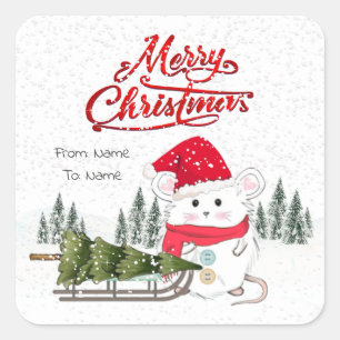 Kute Little Hamster Merry-kerstboom Vierkante Sticker
