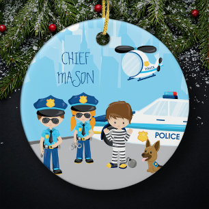 Kute Little Kind Cartoon Polieman Name Kerstmis Keramisch Ornament