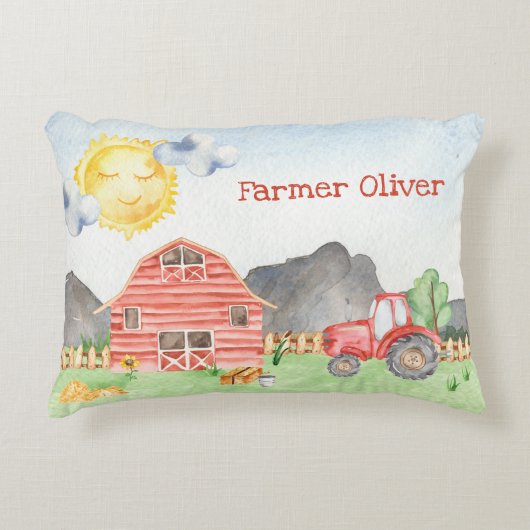 Kute Little Kinder Farmer met First Name Waterverf Accent Kussen (Voorkant)