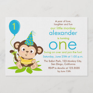 Kute Little Monkey First Birthday Invitation Kaart