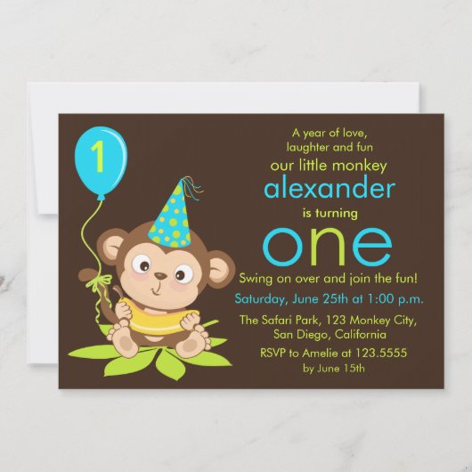 Kute Little Monkey First Birthday Invitation Kaart (Voorkant)