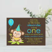 Kute Little Monkey First Birthday Invitation Kaart (Staand voorkant)