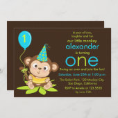 Kute Little Monkey First Birthday Invitation Kaart (Voorkant / Achterkant)