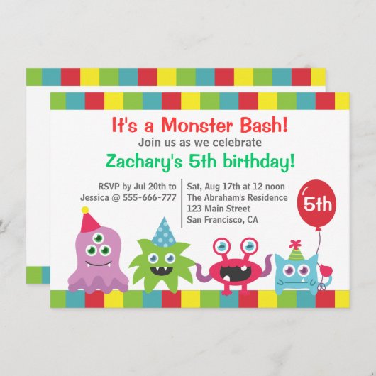 Kute Little Monster Birthday Party Bash for Kids Kaart (Voorkant / Achterkant)