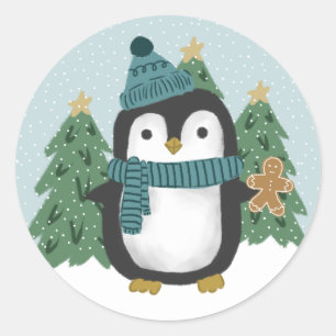 Kute Little Penguin and Gingerbrood Man met Kerstm Ronde Sticker
