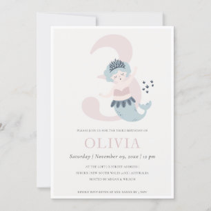Kute Little Pink Blue Mermaid 3rd Birthday Invite Bedankkaart