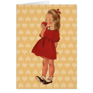Kute Little School Girl Red Dress Apple