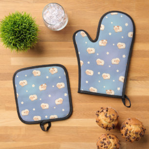 Kute Little Sheep Pattern on Blue Ovenwant & Pannenlap Set