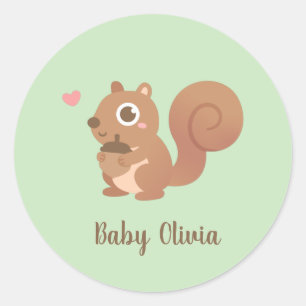 Kute Little Squirrel Holding Acorn Kinder Name Ronde Sticker