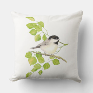 Kute Little Waterverf Chickadee Bird Poplar Tree Buitenkussen